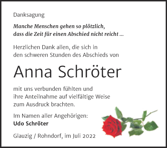 Traueranzeige von Anna Schröter von Trauerkombi Köthen