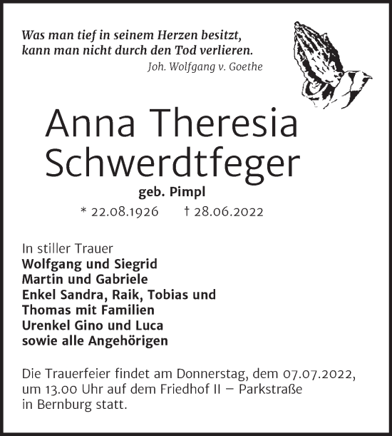 Traueranzeige von Anna Theresia Schwerdtfeger von Trauerkombi Bernburg