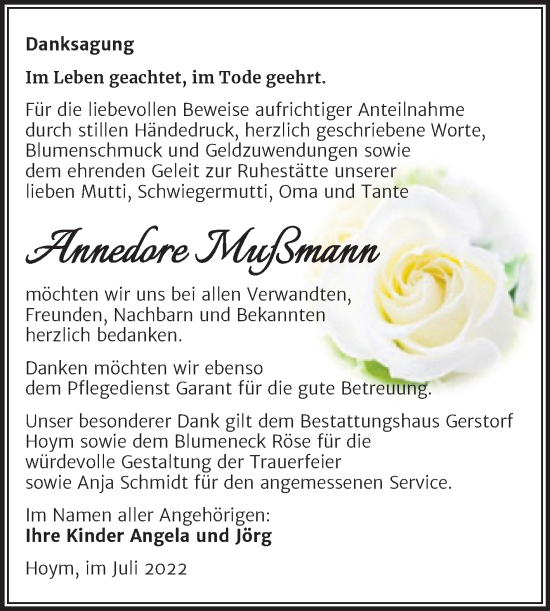 Traueranzeige von Annedore Mußmann von Trauerkombi Aschersleben