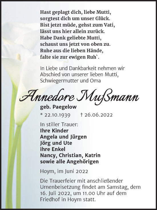 Traueranzeige von Annedore Mußmann von Trauerkombi Aschersleben