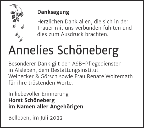 Traueranzeige von Annelies Schöneberg von Trauerkombi Bernburg