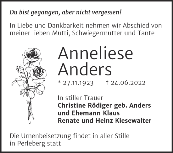 Traueranzeige von Anneliese Anders von Trauerkombi Mansfelder Land