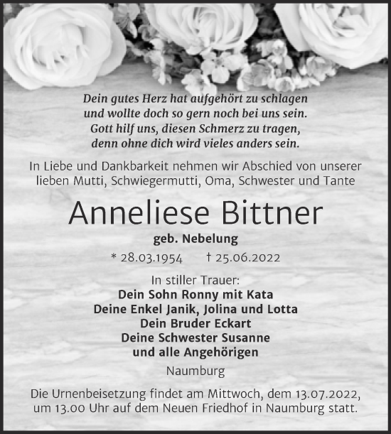 Traueranzeige von Anneliese Bittner von Wochenspiegel Naumburg/Nebra