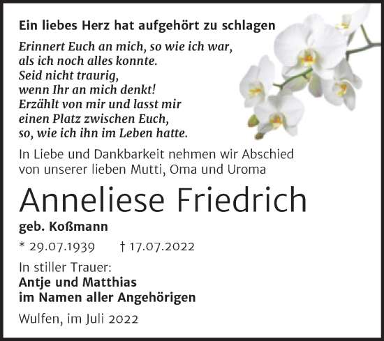 Traueranzeige von Anneliese Friedrich von Trauerkombi Köthen