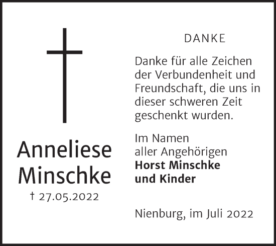 Traueranzeige von Anneliese Minschke von Trauerkombi Bernburg