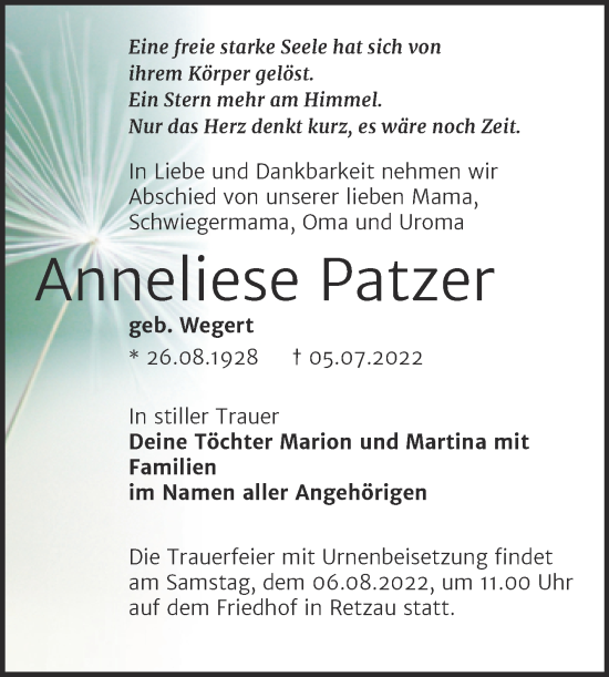 Traueranzeige von Anneliese Patzer von Trauerkombi Bitterfeld