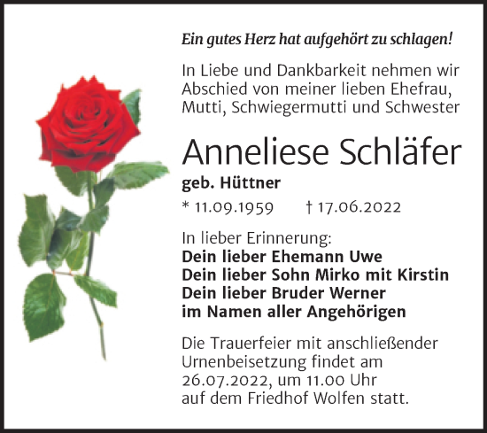 Traueranzeige von Anneliese Schläfer von Trauerkombi Bitterfeld