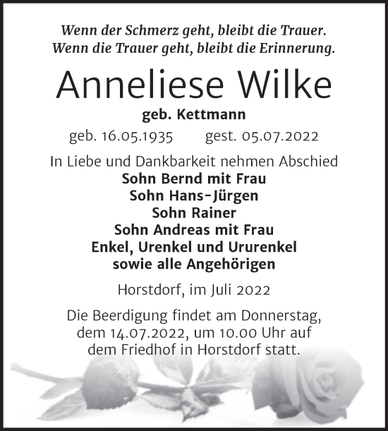 Traueranzeige von Anneliese Wilke von Trauerkombi Wittenberg