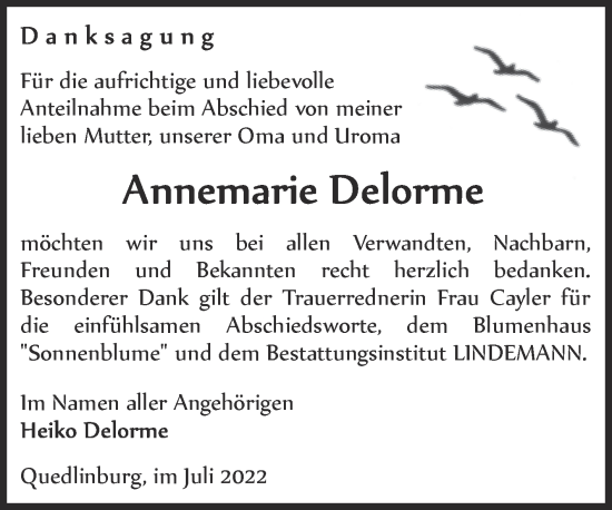 Traueranzeige von Annemarie Delorme von Trauerkombi Quedlinburg