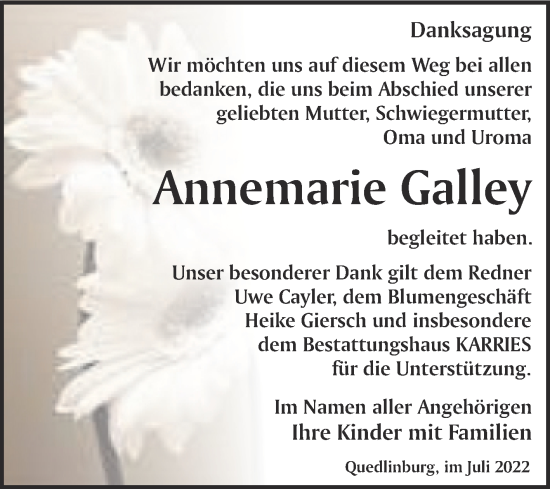 Traueranzeige von Annemarie Galley von Trauerkombi Quedlinburg