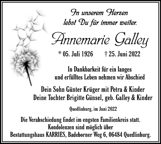 Traueranzeige von Annemarie Galley von Trauerkombi Quedlinburg