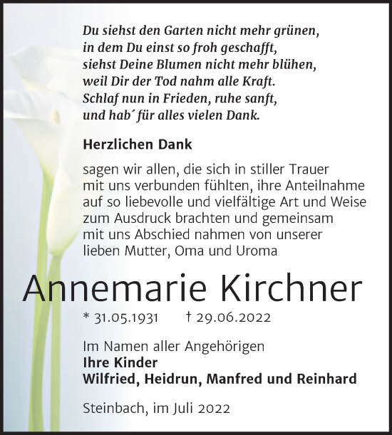 Traueranzeige von Annemarie Kirchner von Wochenspiegel Naumburg/Nebra