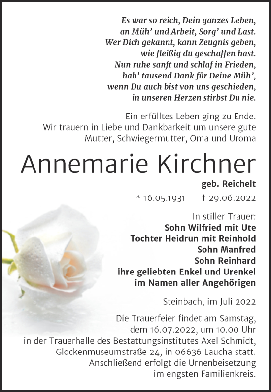 Traueranzeige von Annemarie Kirchner von Wochenspiegel Naumburg/Nebra