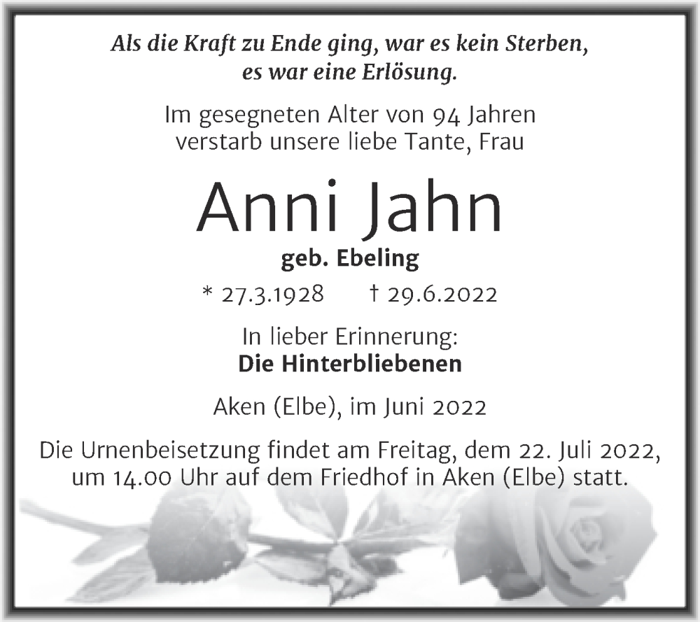  Traueranzeige für Anni Jahn vom 09.07.2022 aus Trauerkombi Köthen