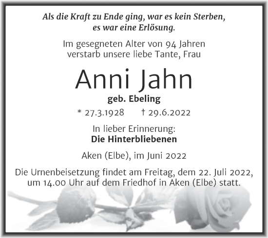 Traueranzeige von Anni Jahn von Trauerkombi Köthen