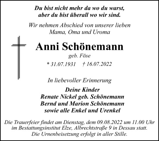 Traueranzeige von Anni Schönemann von Trauerkombi Dessau