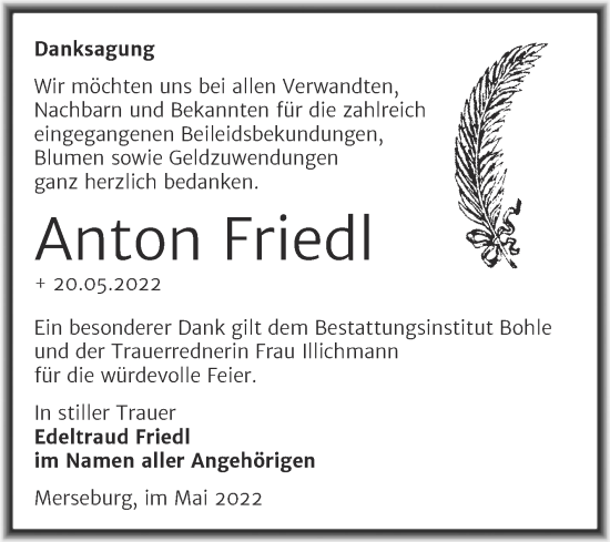 Traueranzeige von Anton Friedl von Trauerkombi Merseburg