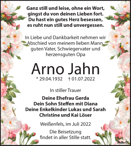 Traueranzeige von Arno Jahn von Trauerkombi Weißenfels