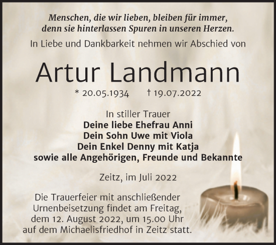 Traueranzeige von Artur Landmann von Trauerkombi Zeitz