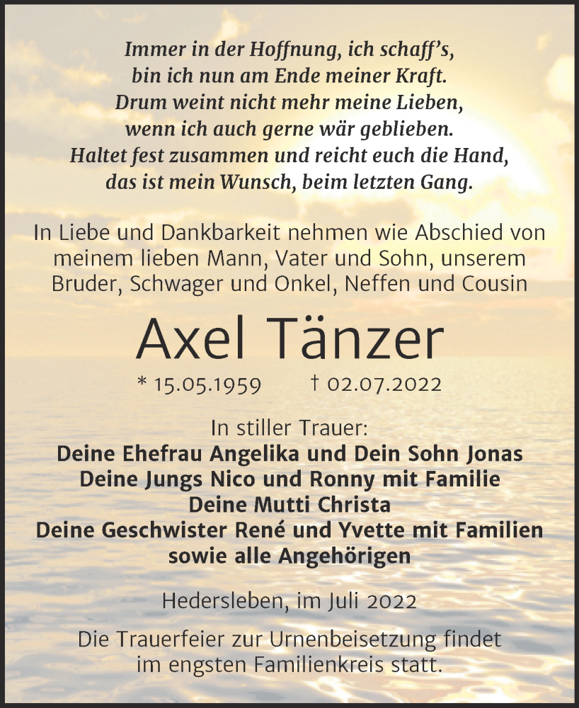  Traueranzeige für Axel Tänzer vom 08.07.2022 aus Trauerkombi Mansfelder Land