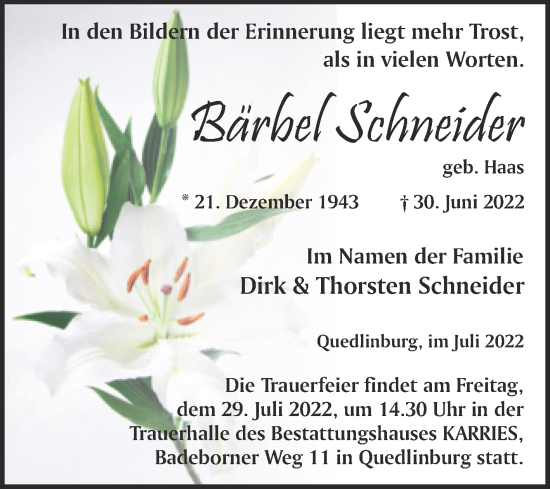 Traueranzeige von Bärbel Schneider von Trauerkombi Quedlinburg