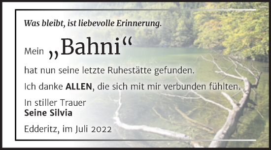Traueranzeige von Bahni  von Trauerkombi Köthen