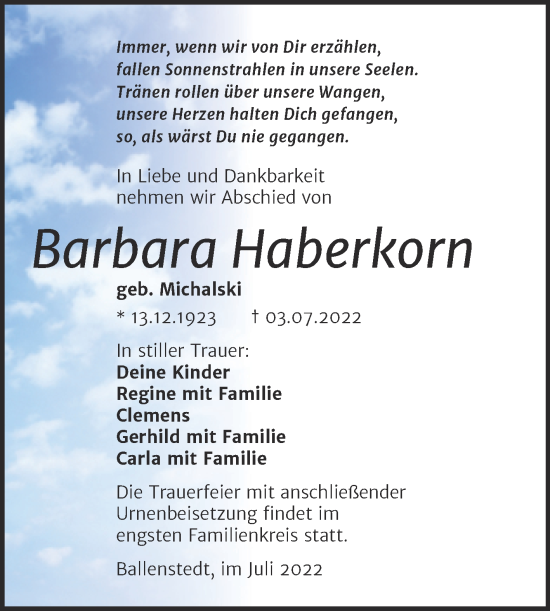 Traueranzeige von Barbara Haberkorn von Trauerkombi Quedlinburg