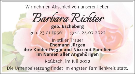 Traueranzeige von Barbara Richter von Trauerkombi Merseburg