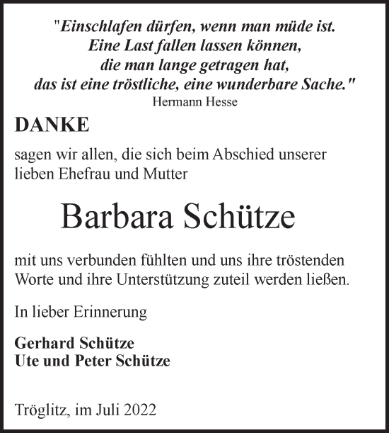Traueranzeige von Barbara Schütze von Trauerkombi Zeitz