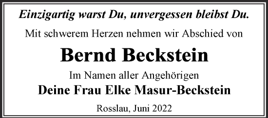 Traueranzeige von Bernd Beckstein von Trauerkombi Dessau