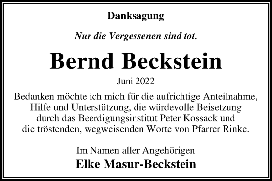 Traueranzeige von Bernd Beckstein von Trauerkombi Dessau
