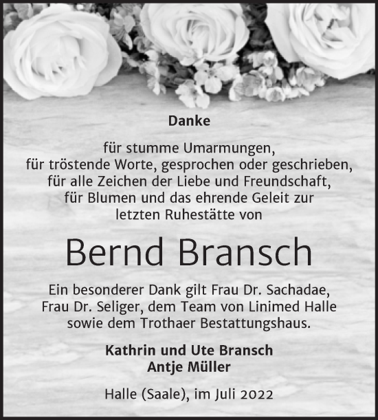 Traueranzeige von Bernd Bransch von Mitteldeutsche Zeitung Halle/Saalkreis
