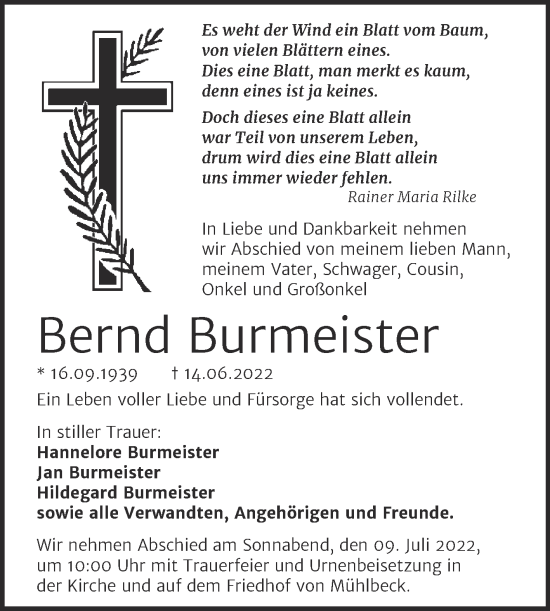 Traueranzeige von Bernd Burmeister von Trauerkombi Bitterfeld
