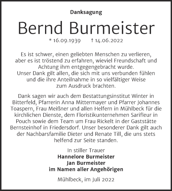 Traueranzeige von Bernd Burmeister von Trauerkombi Bitterfeld