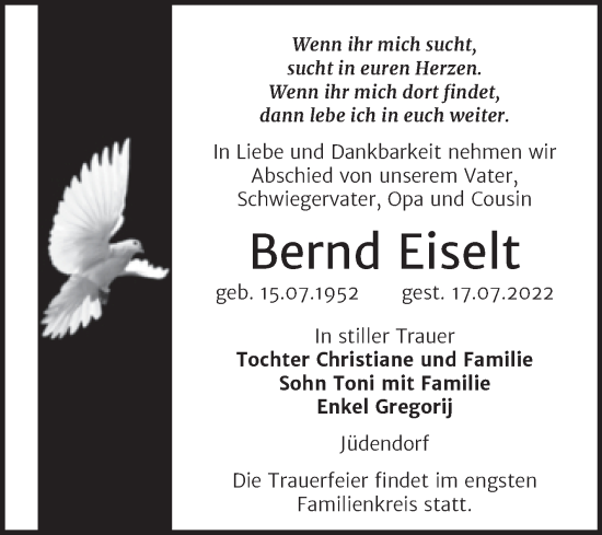 Traueranzeige von Bernd Eiselt von Trauerkombi Merseburg