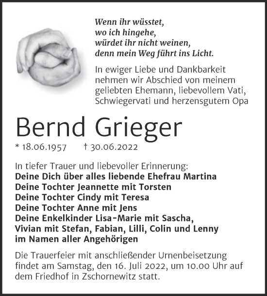 Traueranzeige von Bernd Grieger von Trauerkombi Wittenberg