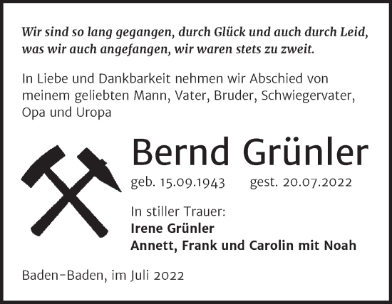 Traueranzeige von Bernd Grünler von Mitteldeutsche Zeitung Merseburg/Querfurt