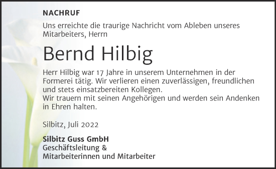 Traueranzeige von Bernd Hilbig von Mitteldeutsche Zeitung Zeitz