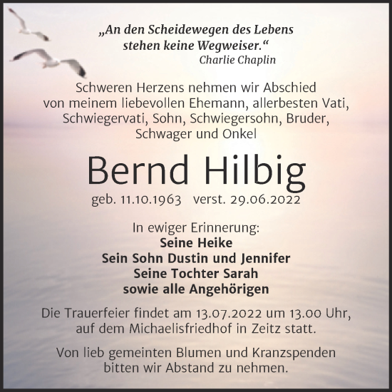 Traueranzeige von Bernd Hilbig von Trauerkombi Zeitz