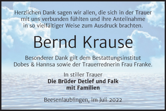 Traueranzeige von Bernd Krause von Trauerkombi Bernburg