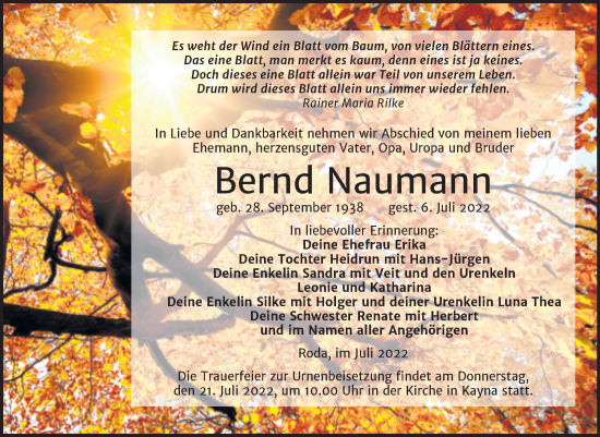 Traueranzeige von Bernd Naumann von Trauerkombi Zeitz