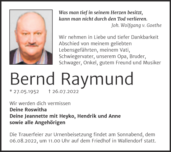 Traueranzeige von Bernd Raymund von Trauerkombi Merseburg