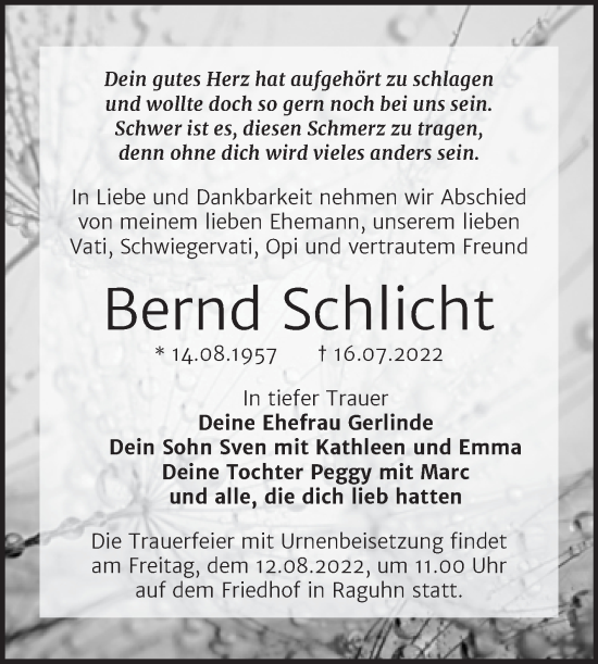 Traueranzeige von Bernd Schlicht von Trauerkombi Bitterfeld