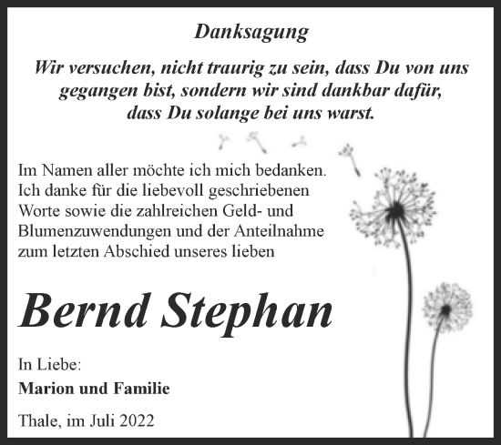 Traueranzeige von Bernd Stephan von Trauerkombi Quedlinburg