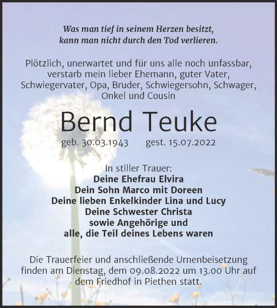 Traueranzeige von Bernd Teuke von Trauerkombi Köthen