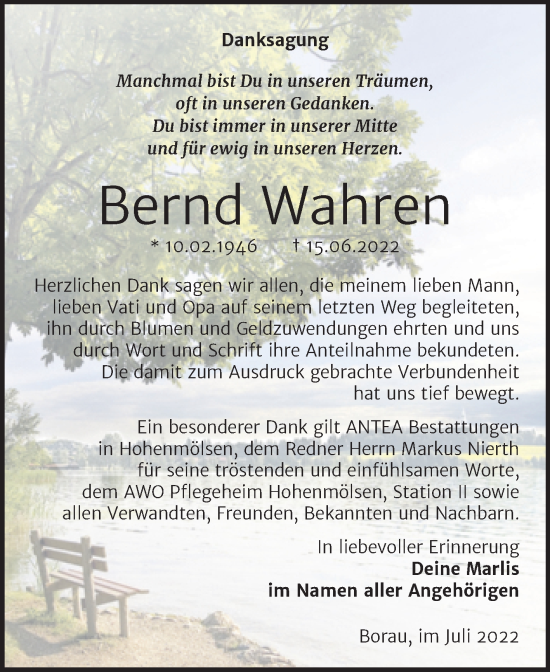 Traueranzeige von Bernd Wahren von Trauerkombi Weißenfels