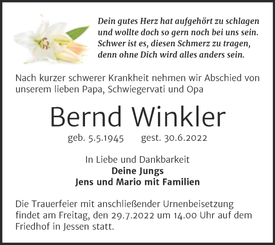 Traueranzeige von Bernd Winkler von Trauerkombi Wittenberg