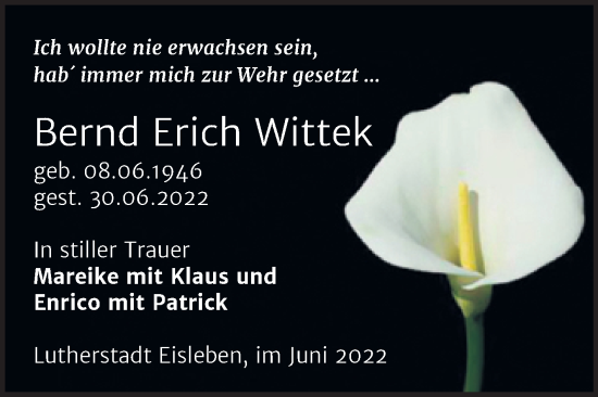 Traueranzeige von Bernd Erich Wittek von Trauerkombi Mansfelder Land