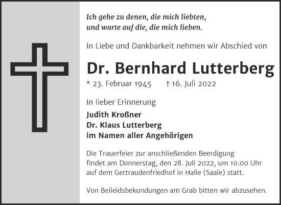 Traueranzeige von Bernhard Lutterberg von Mitteldeutsche Zeitung Halle/Saalkreis