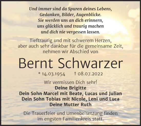 Traueranzeige von Bernt Schwarzer von Trauerkombi Wittenberg